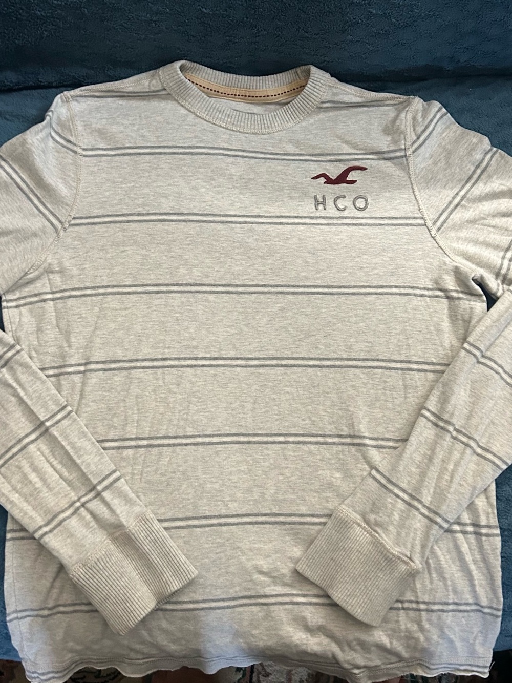 Hollister Gray Striped Crewneck Sweater with Maroon Logo